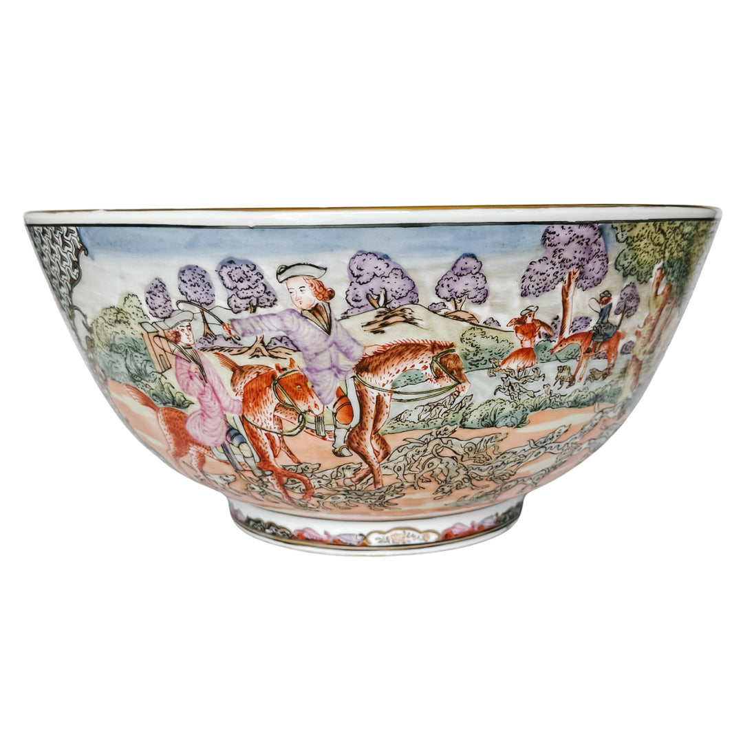 Large Porcelain Fox Hunt Punch Bowl with Carved Wood Stand (5)