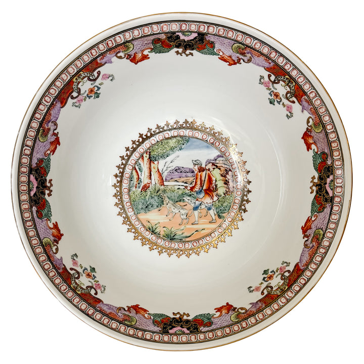 Large Porcelain Fox Hunt Punch Bowl with Carved Wood Stand (5)