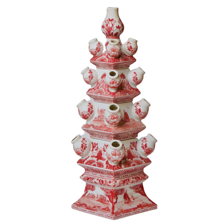 Chinoiserie Red & White 4 Tier Delft Style Tulipiere Vase