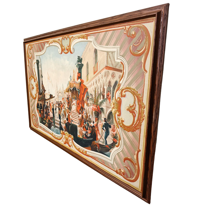 Large Scale Framed Venetian Canal Scene Neoclassical Architectural Mural Style Painting on Board