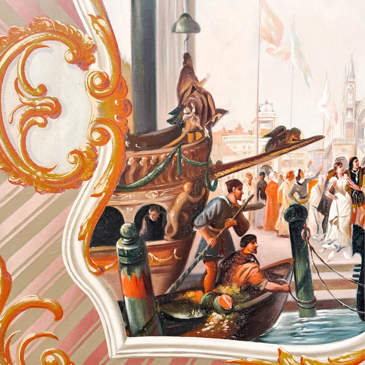 Large Scale Framed Venetian Canal Scene Neoclassical Architectural Mural Style Painting on Board