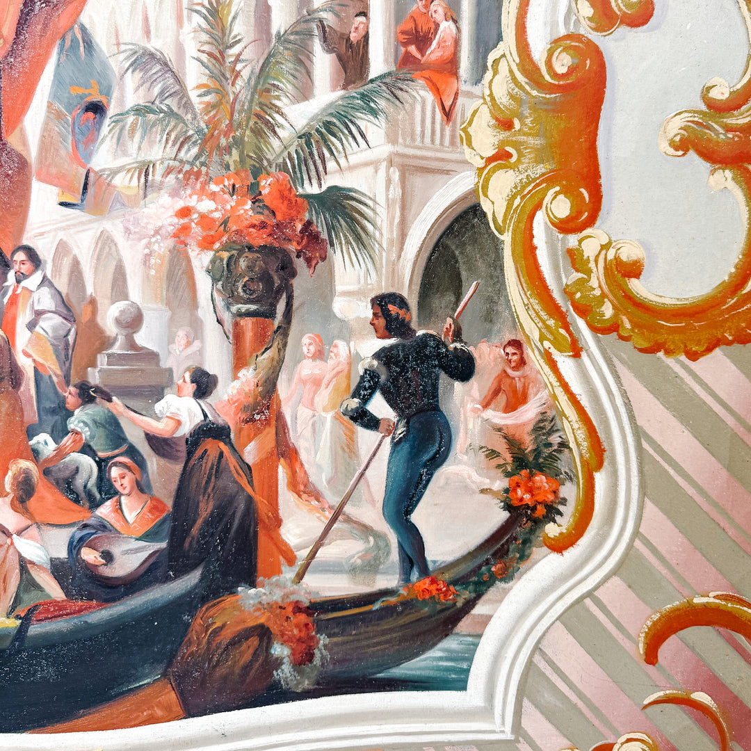 Large Scale Framed Venetian Canal Scene Neoclassical Architectural Mural Style Painting on Board