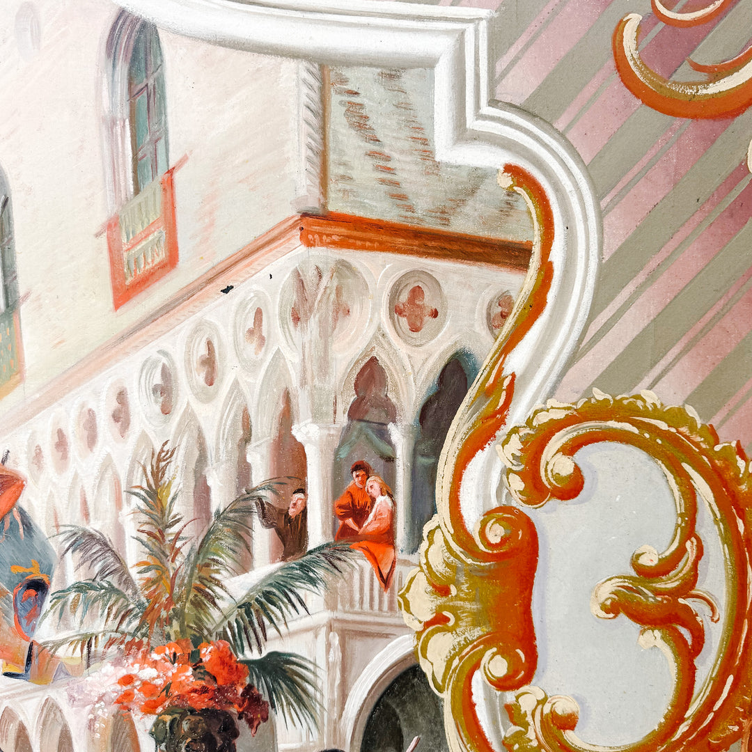 Large Scale Framed Venetian Canal Scene Neoclassical Architectural Mural Style Painting on Board