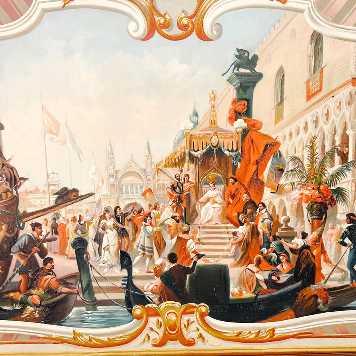 Large Scale Framed Venetian Canal Scene Neoclassical Architectural Mural Style Painting on Board