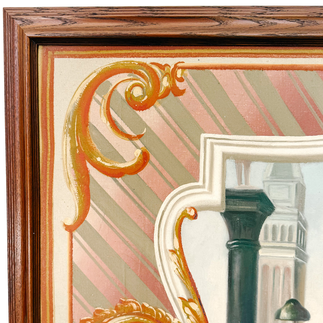 Large Scale Framed Venetian Canal Scene Neoclassical Architectural Mural Style Painting on Board