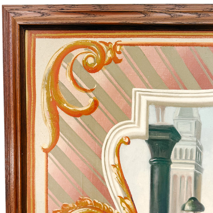 Large Scale Framed Venetian Canal Scene Neoclassical Architectural Mural Style Painting on Board