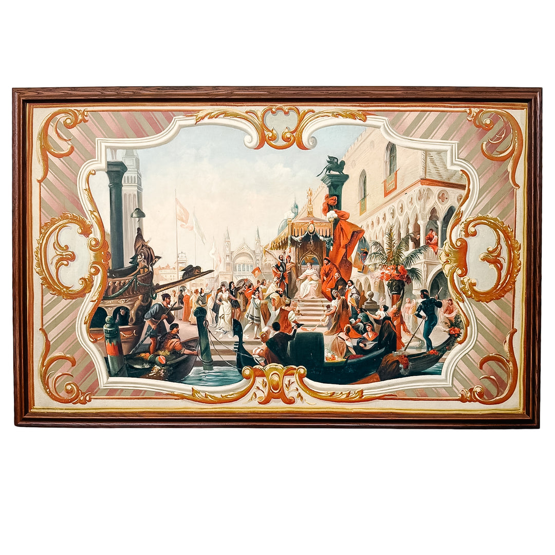 Large Scale Framed Venetian Canal Scene Neoclassical Architectural Mural Style Painting on Board