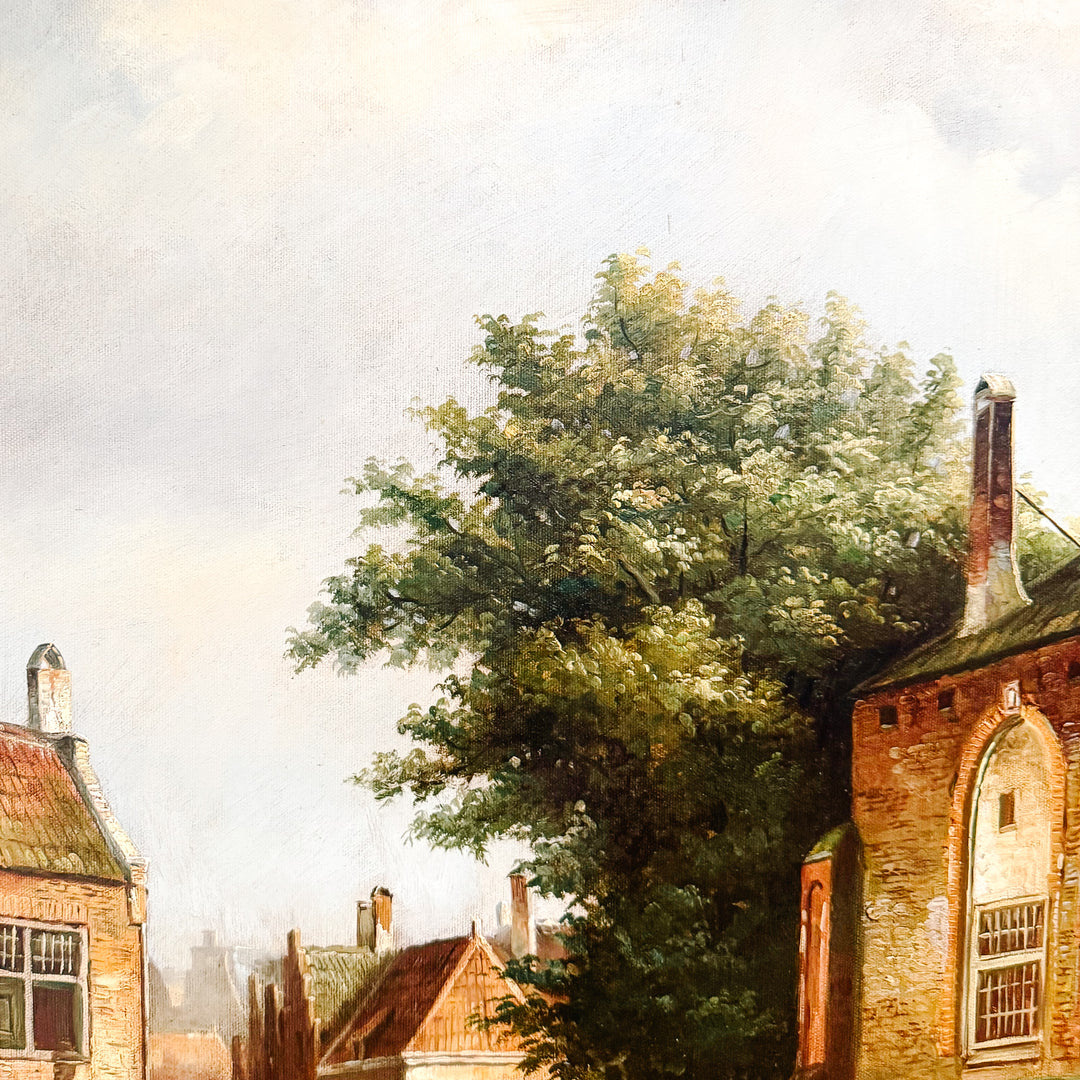 Large Scale Mid-Century Dutch Street Scene Oil on Canvas Painting After Willem Koekkoek