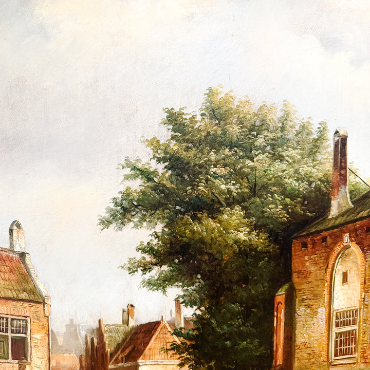 Large Scale Mid-Century Dutch Street Scene Oil on Canvas Painting After Willem Koekkoek