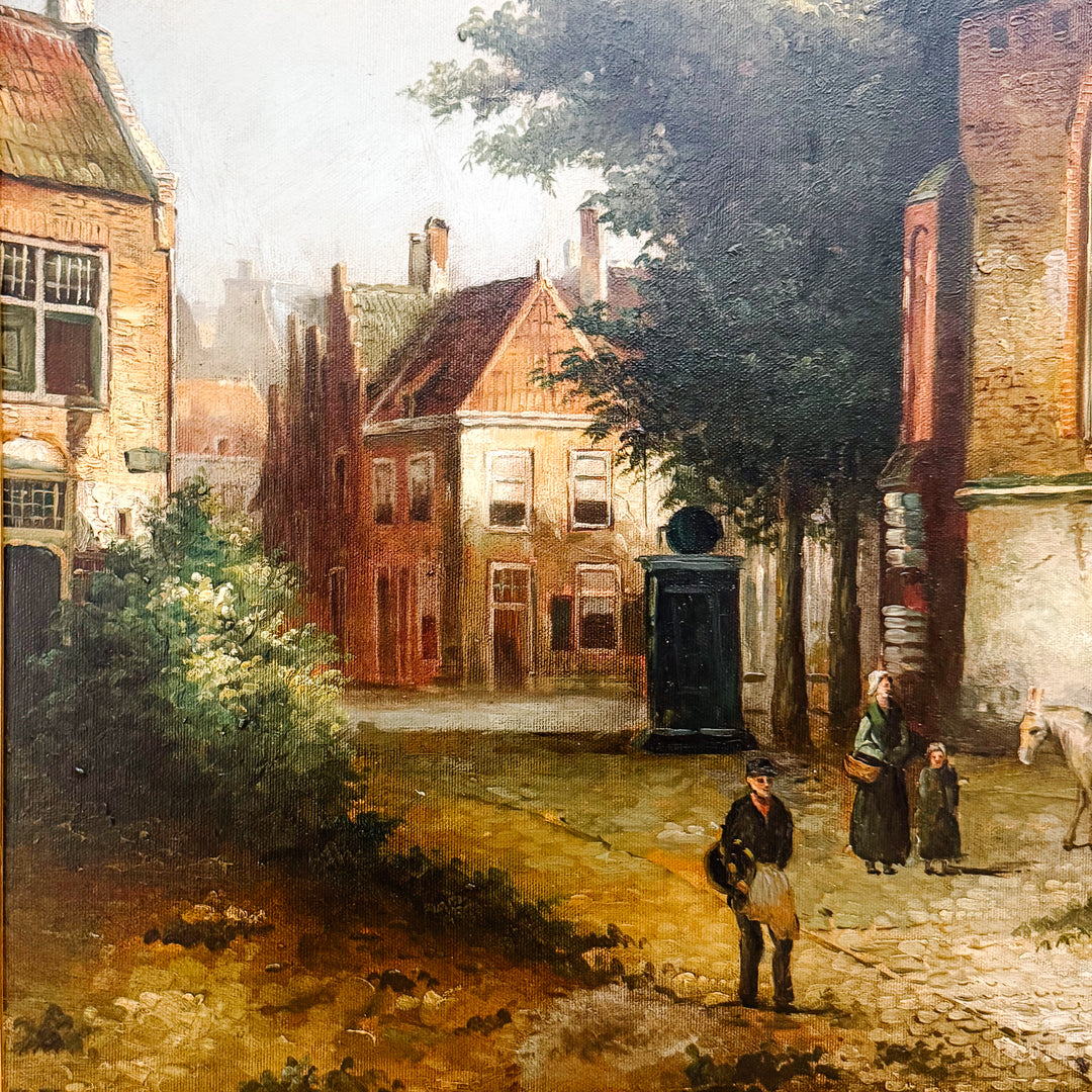 Large Scale Mid-Century Dutch Street Scene Oil on Canvas Painting After Willem Koekkoek