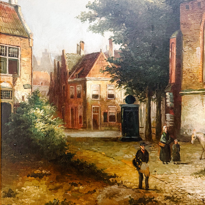 Large Scale Mid-Century Dutch Street Scene Oil on Canvas Painting After Willem Koekkoek