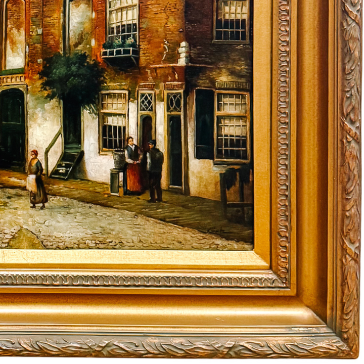 Large Scale Mid-Century Dutch Street Scene Oil on Canvas Painting After Willem Koekkoek