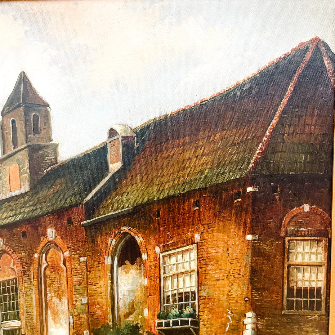 Large Scale Mid-Century Dutch Street Scene Oil on Canvas Painting After Willem Koekkoek