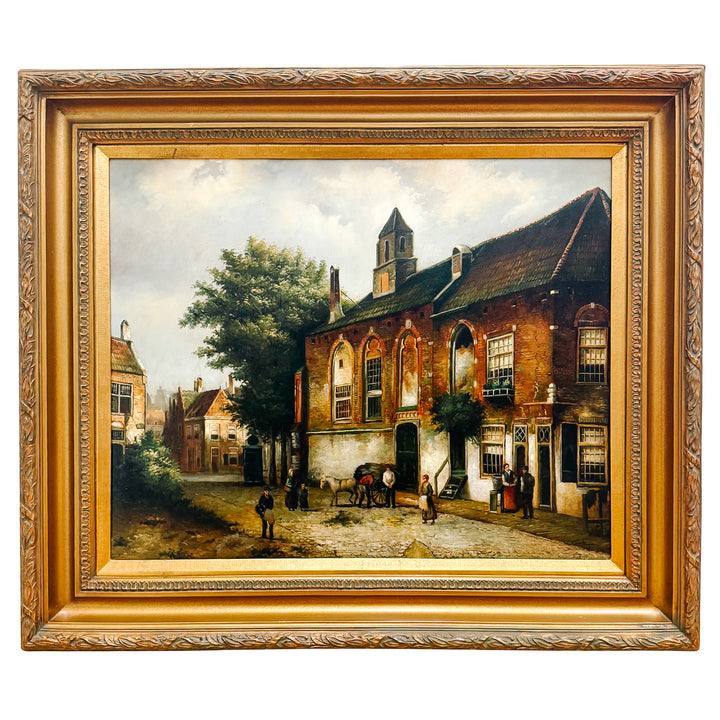 Large Scale Mid-Century Dutch Street Scene Oil on Canvas Painting After Willem Koekkoek