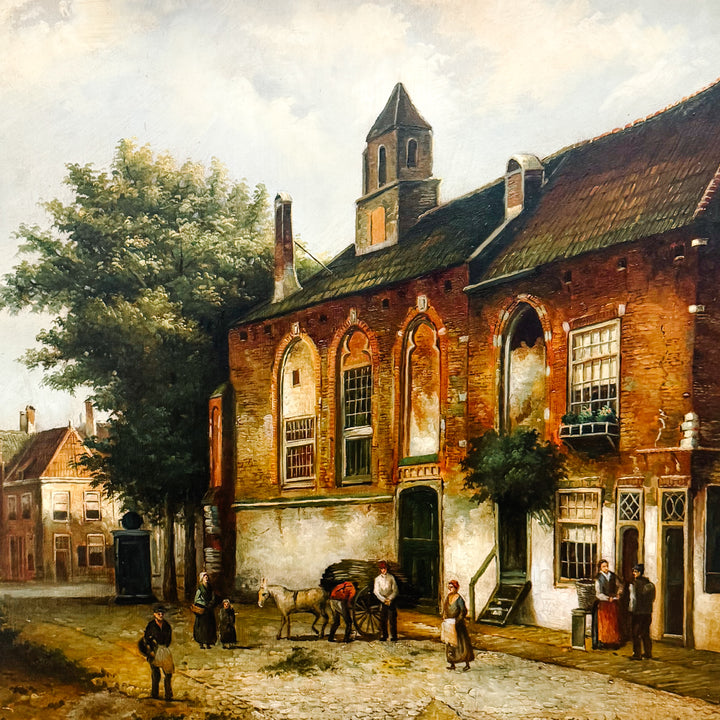 Large Scale Mid-Century Dutch Street Scene Oil on Canvas Painting After Willem Koekkoek