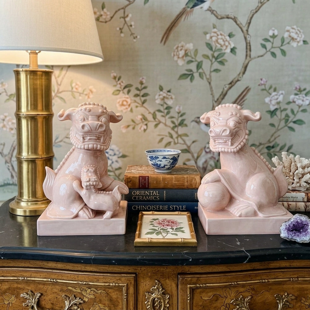 Large Scale Vintage Monochrome Blush Pink Glazed Ceramic Foo Dogs