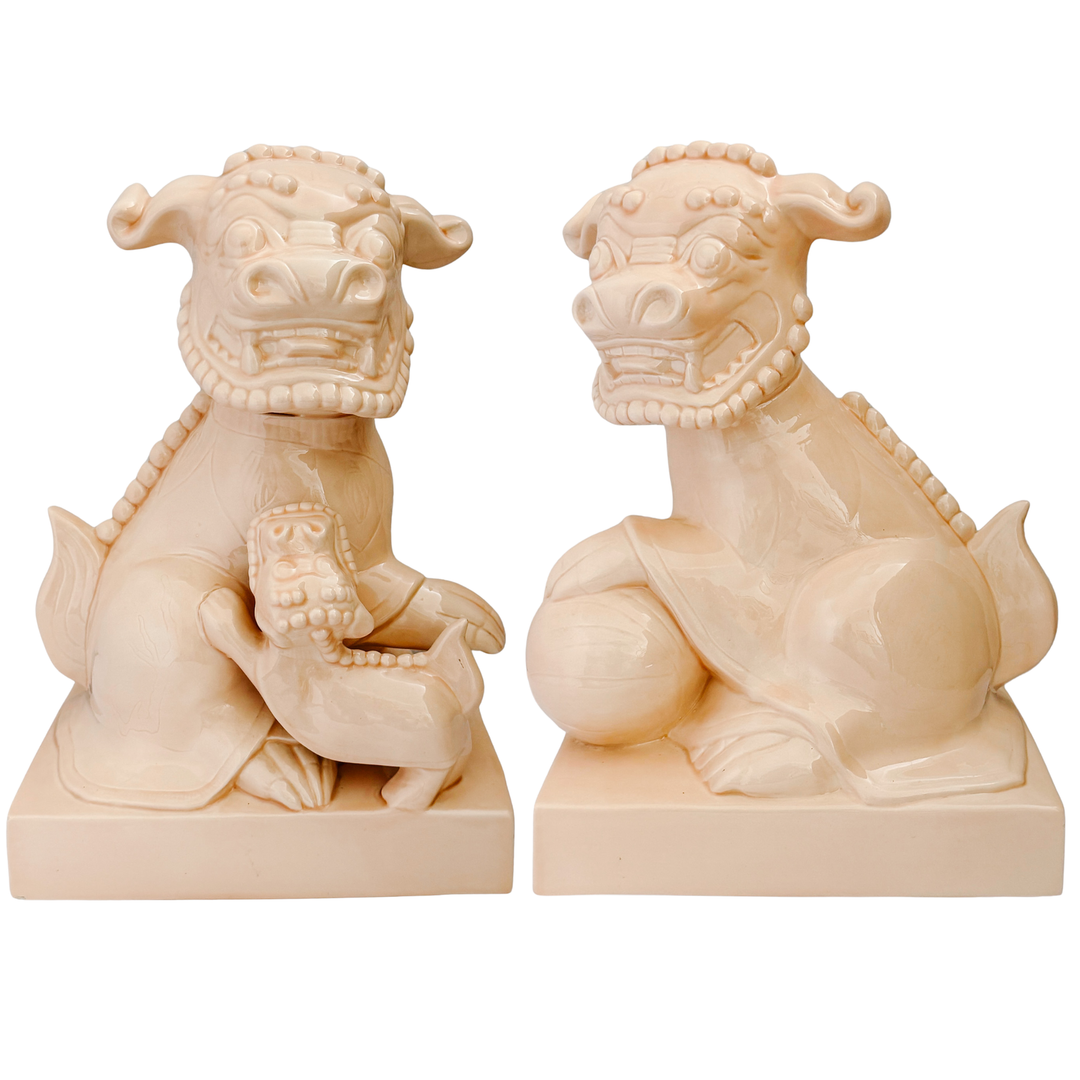 Large Scale Vintage Monochrome Blush Pink Glazed Ceramic Foo Dogs