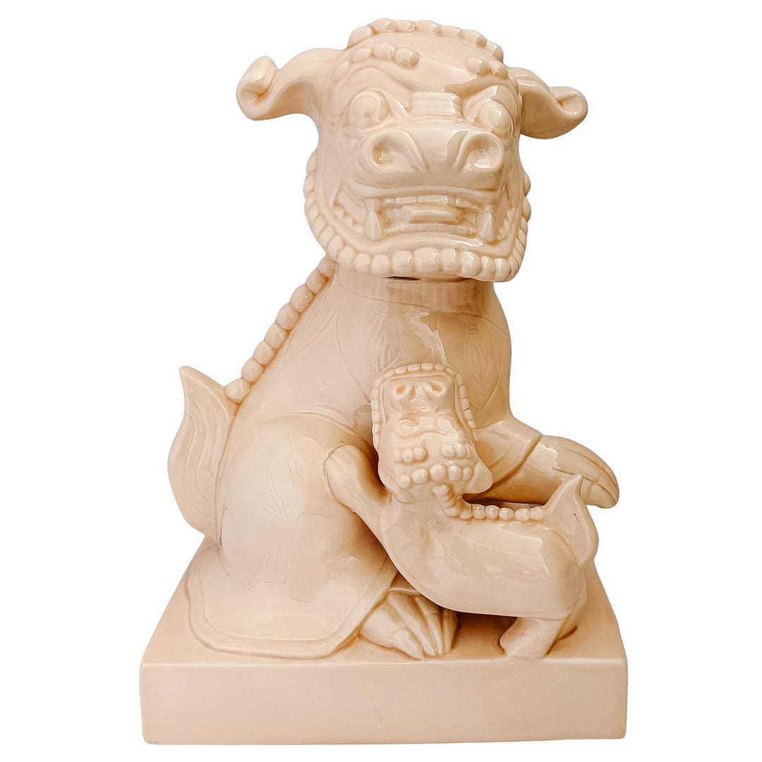 Large Scale Vintage Monochrome Blush Pink Glazed Ceramic Foo Dogs