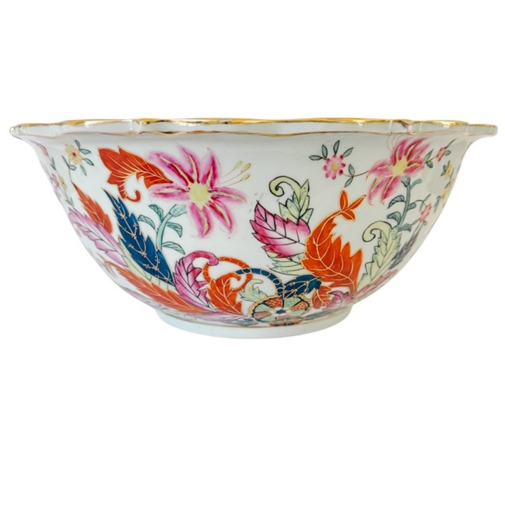 Large Scalloped Chinese Export Tobacco Leaf Porcelain Statement Centerpiece Bowl