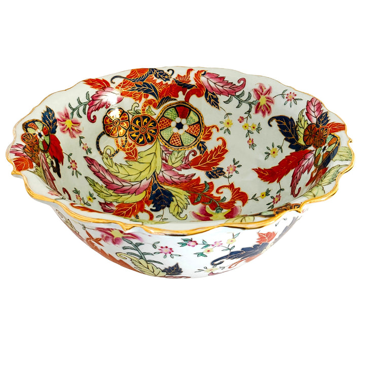 1970s Large Scalloped Chinese Export Tobacco Leaf Porcelain Statement Centerpiece Bowl 14"