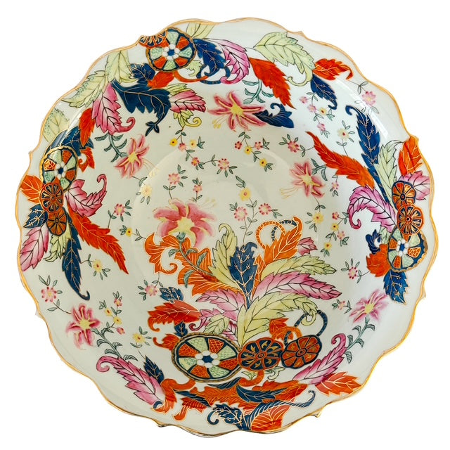 Large Scalloped Chinese Export Tobacco Leaf Porcelain Statement Centerpiece Bowl