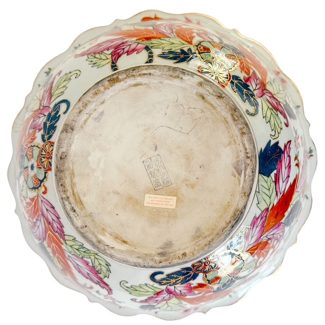 Large Scalloped Chinese Export Tobacco Leaf Porcelain Statement Centerpiece Bowl