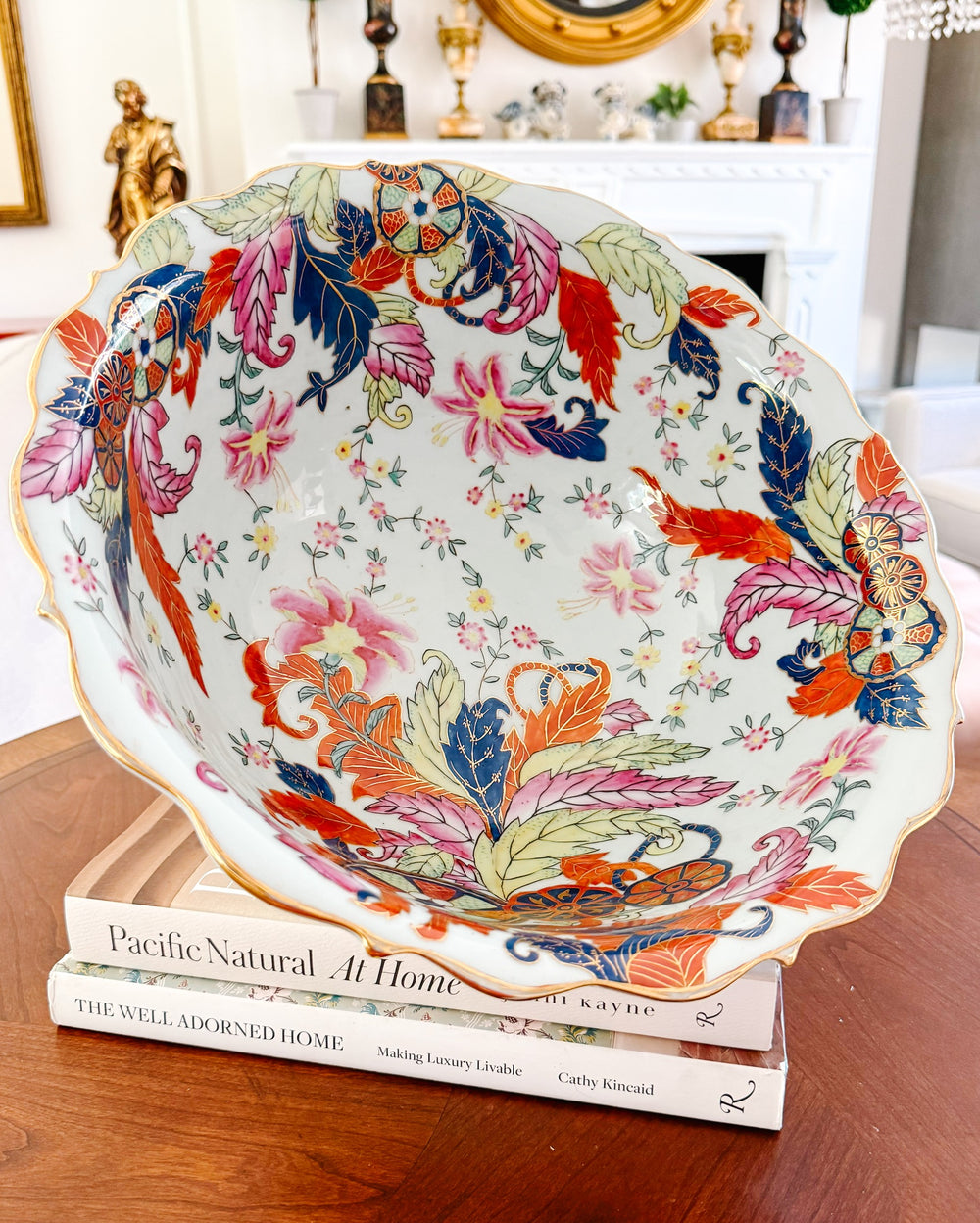 Large Scalloped Chinese Export Tobacco Leaf Porcelain Statement Centerpiece Bowl