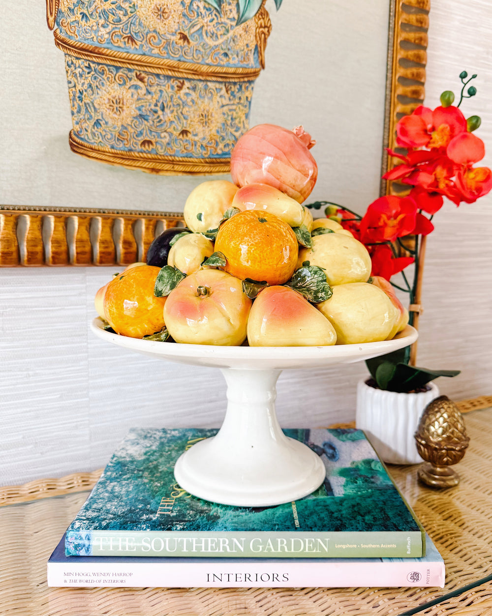 Large Spanish Faience Mixed Fruit Topiary Centerpiece on Pedestal