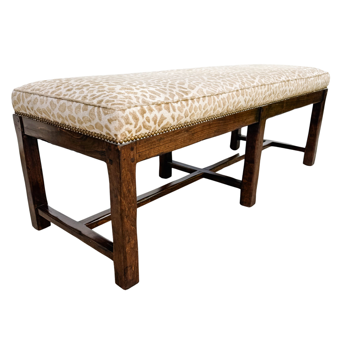 Spanish Revival Style Bench in Antelope Print With Nailhead Trim