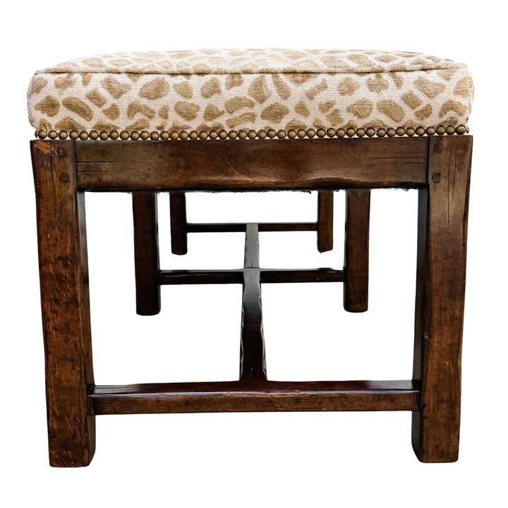 Spanish Revival Style Bench in Antelope Print With Nailhead Trim