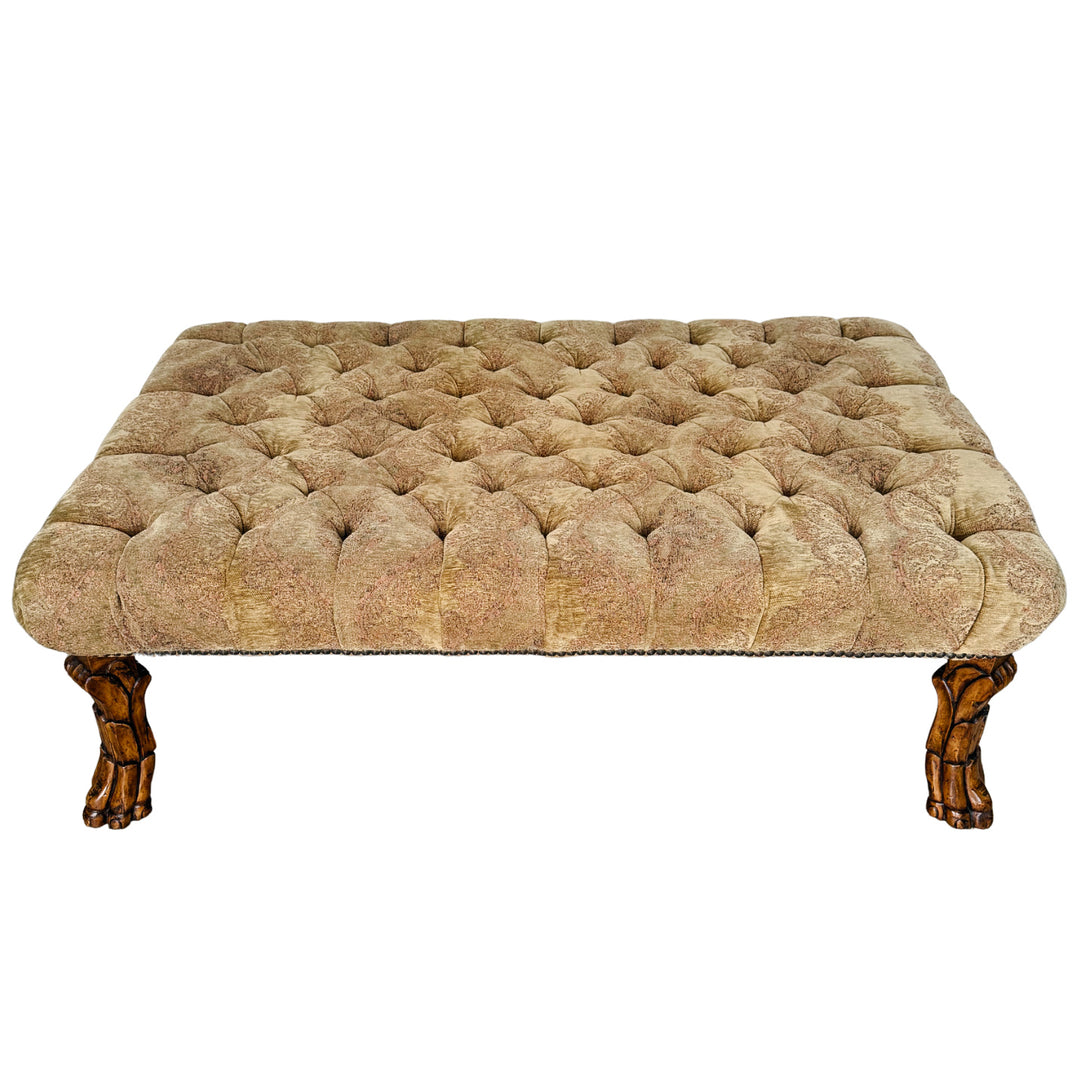 Large Traditional Tufted Ottoman Coffee Table With Carved Lion Paw Feet