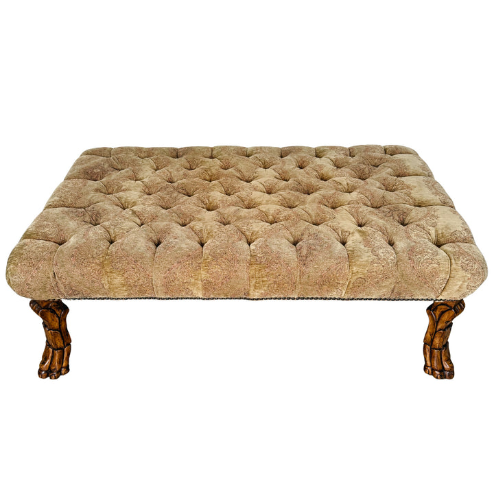 Large Traditional Tufted Ottoman Coffee Table With Carved Lion Paw Feet