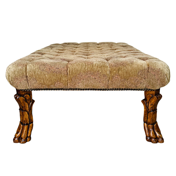 Large Traditional Tufted Ottoman Coffee Table With Carved Lion Paw Feet