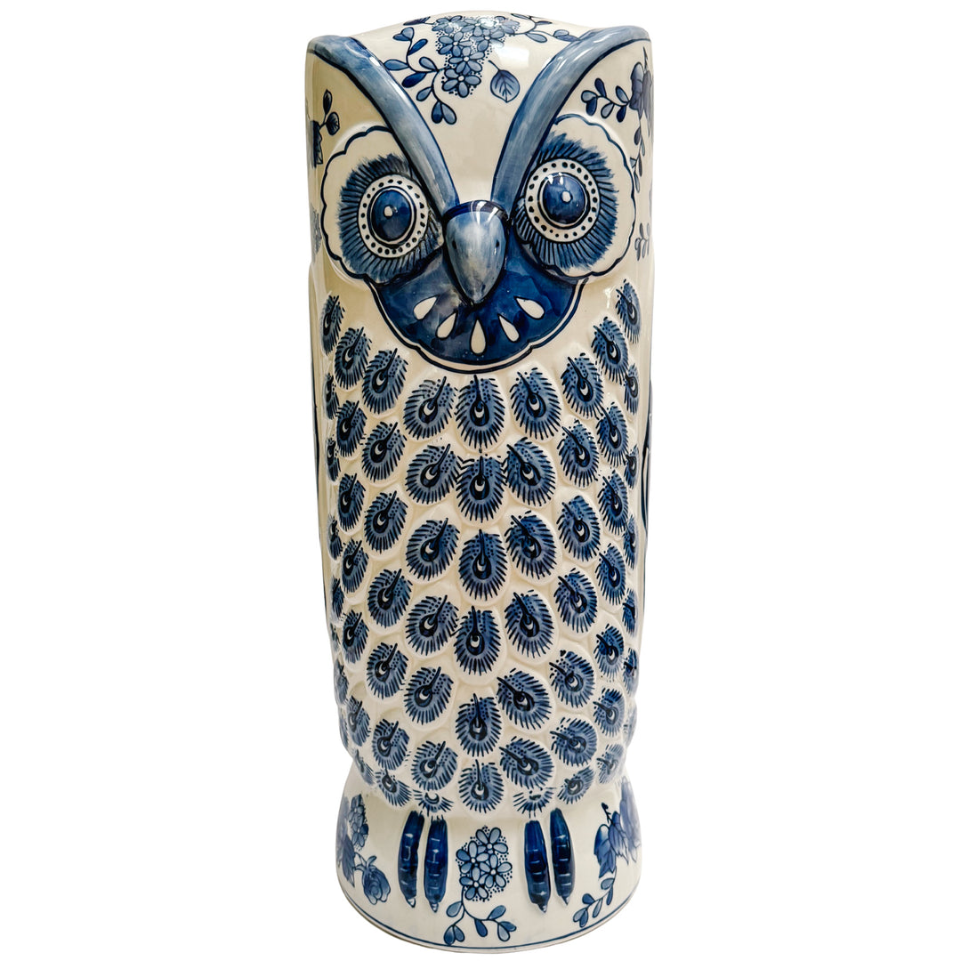 Large Vintage Blue & White Owl Umbrella Stand