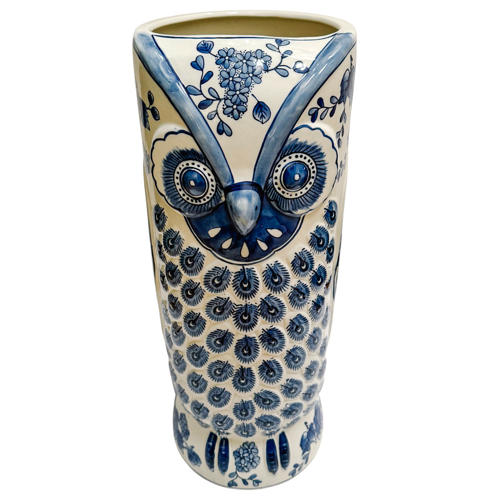 Large Vintage Blue & White Owl Umbrella Stand