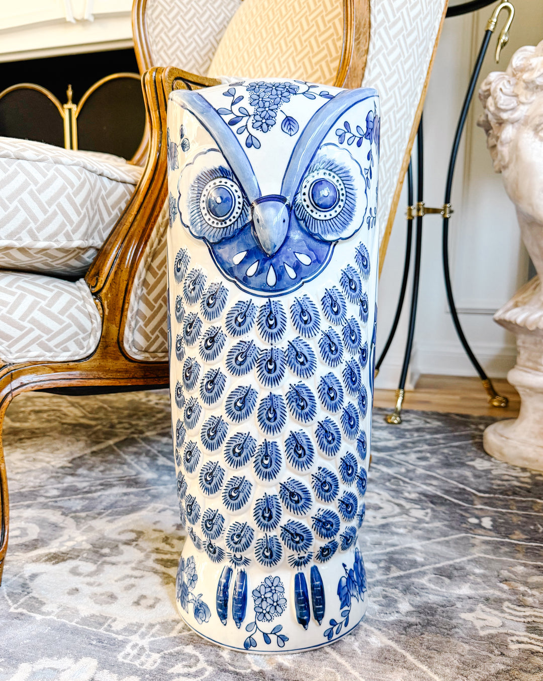 Large Vintage Blue & White Owl Umbrella Stand