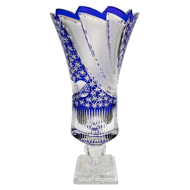 Large Vintage Bohemia Blue Crystal Cut Flower Vase