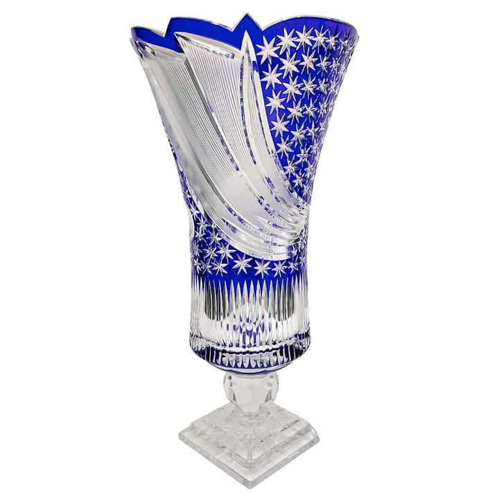 Large Vintage Bohemia Blue Crystal Cut Flower Vase