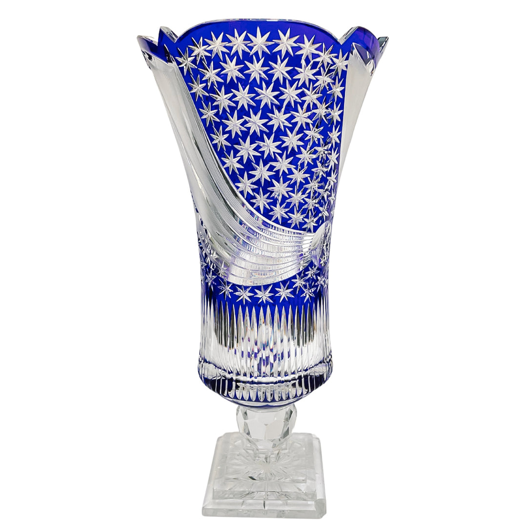 Large Vintage Bohemia Blue Crystal Cut Flower Vase