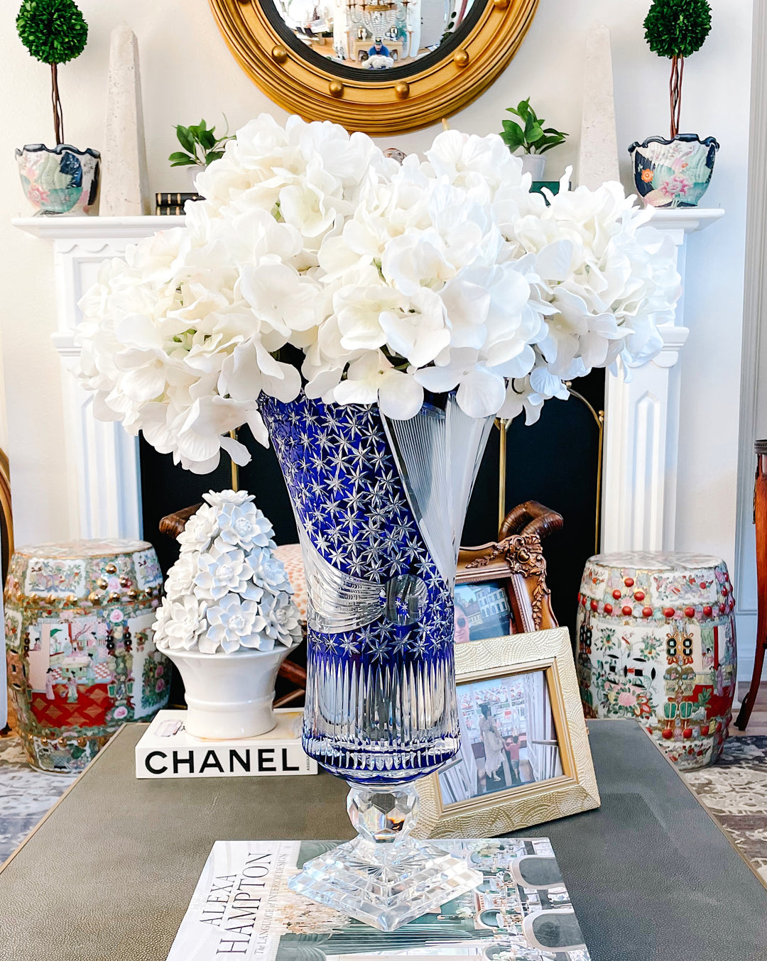 Large Vintage Bohemia Blue Crystal Cut Flower Vase