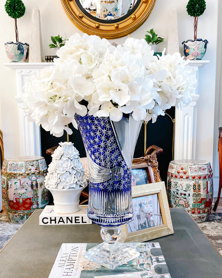 Large Vintage Bohemia Blue Crystal Cut Flower Vase