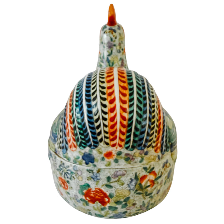 Large Vintage Chinese Famille Rose Polychrome Enamel Rooster Form Covered Box & Tureen