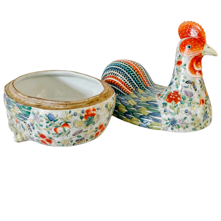 Large Vintage Chinese Famille Rose Polychrome Enamel Rooster Form Covered Box & Tureen
