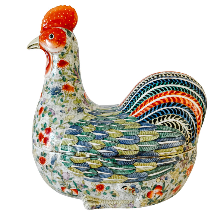 Large Vintage Chinese Famille Rose Polychrome Enamel Rooster Form Covered Box & Tureen