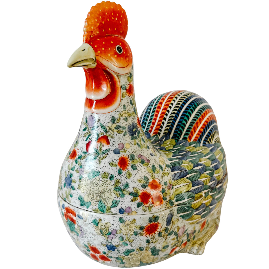 Large Vintage Chinese Famille Rose Polychrome Enamel Rooster Form Covered Box & Tureen
