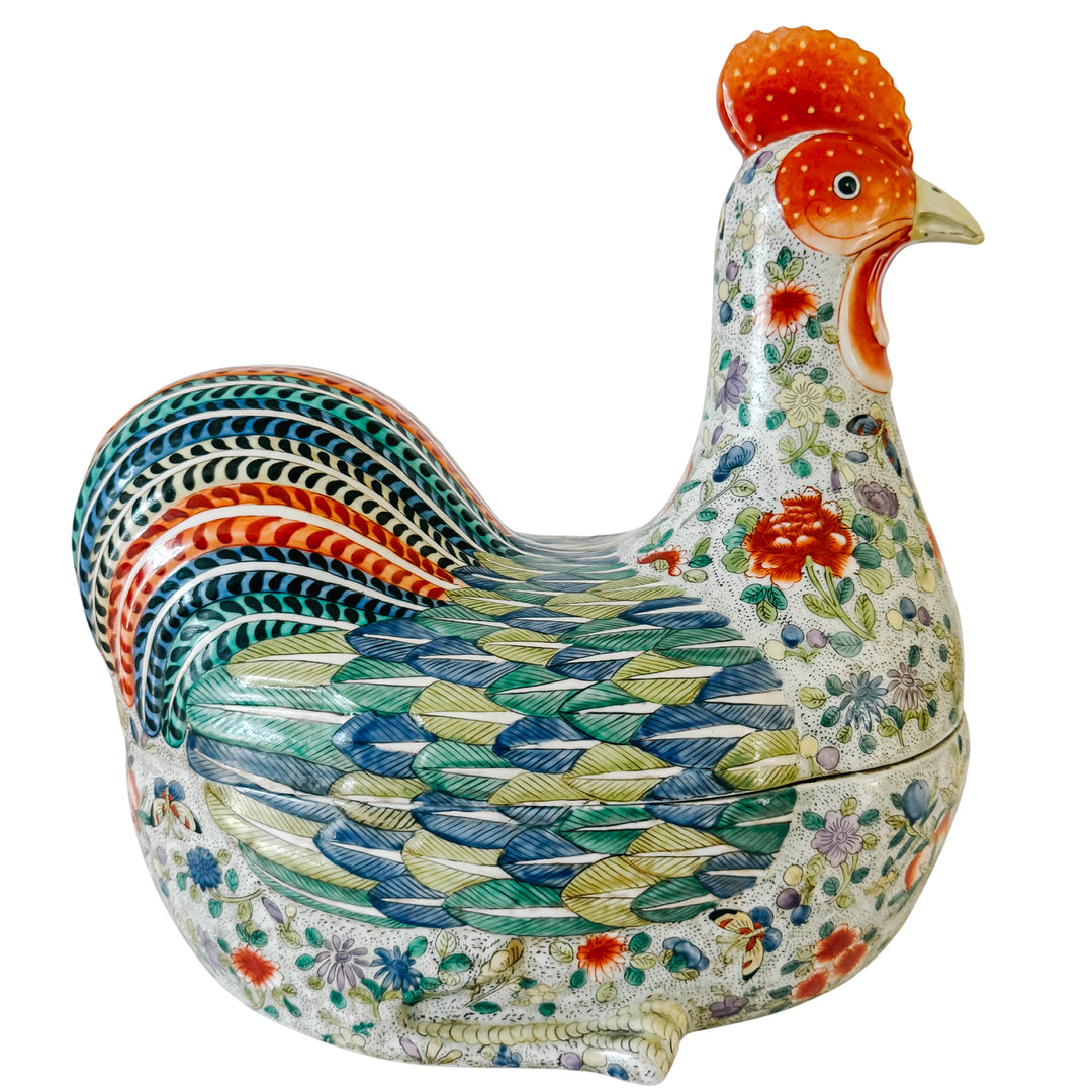 Large Vintage Chinese Famille Rose Polychrome Enamel Rooster Form Covered Box & Tureen