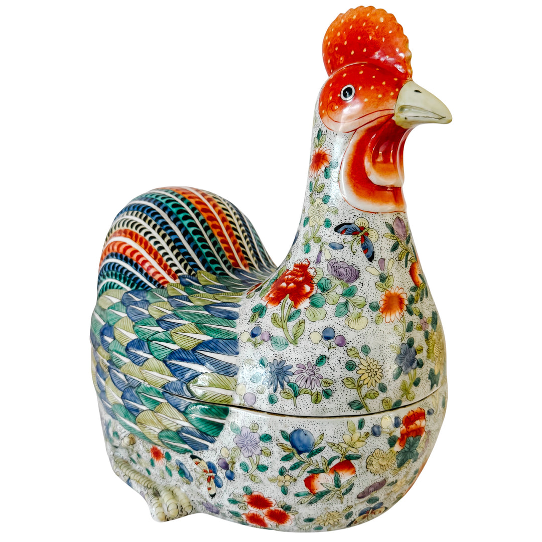 Large Vintage Chinese Famille Rose Polychrome Enamel Rooster Form Covered Box & Tureen