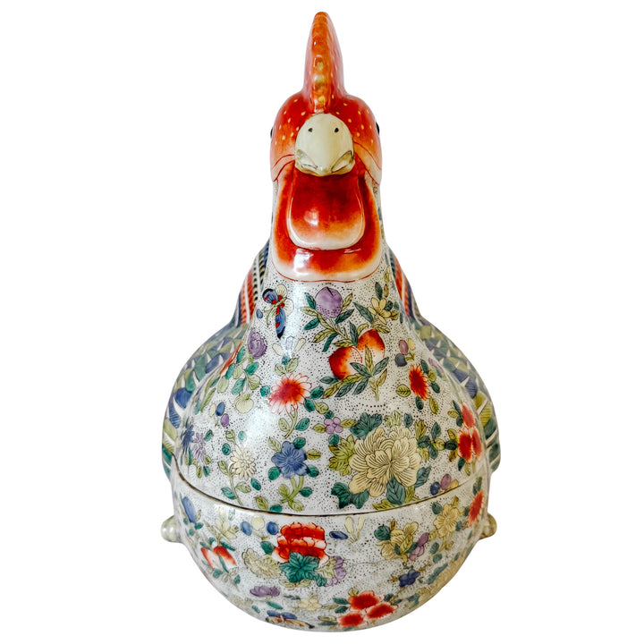 Large Vintage Chinese Famille Rose Polychrome Enamel Rooster Form Covered Box & Tureen