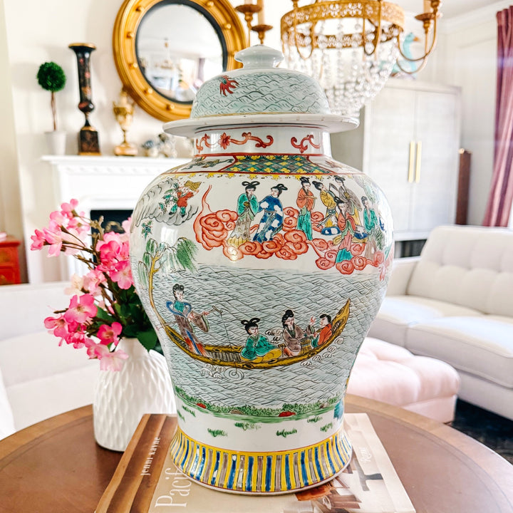 Large Vintage Chinese Famille Verte Wucai Temple Jar & Cover, Immortals Scene