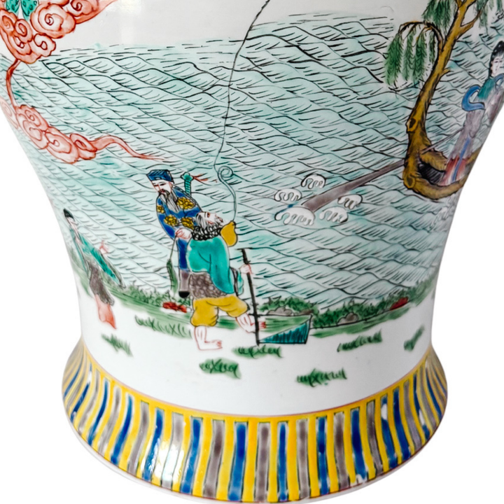 Large Vintage Chinese Famille Verte Wucai Temple Jar & Cover, Immortals Scene